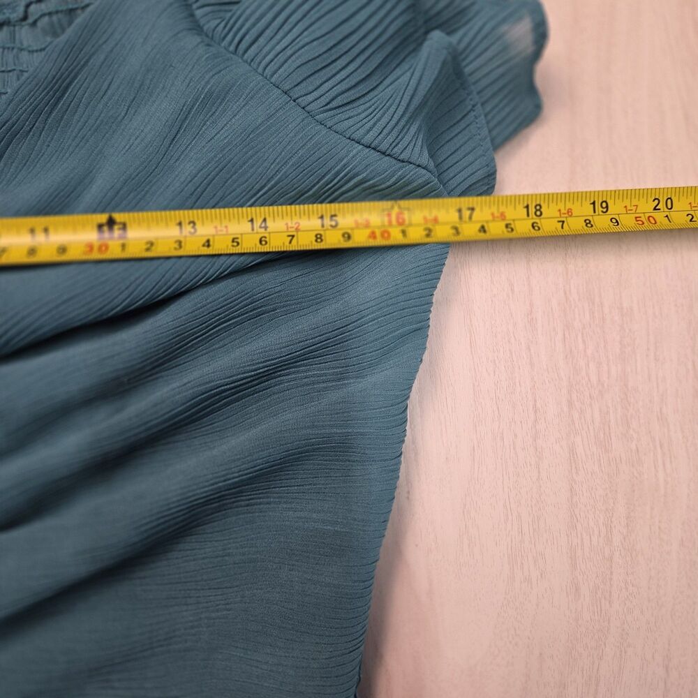 Willow & Root Womens Teal Smocked Ruched Tie Front Ruffle Chiffon Blouse Medium - Picture 7 of 8